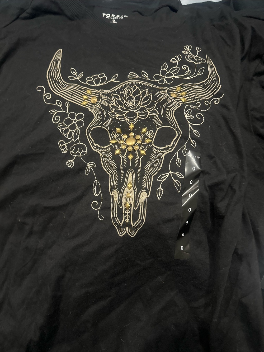 Black Short Sleeve Tee with Gold & Cream Floral Skull Graphic